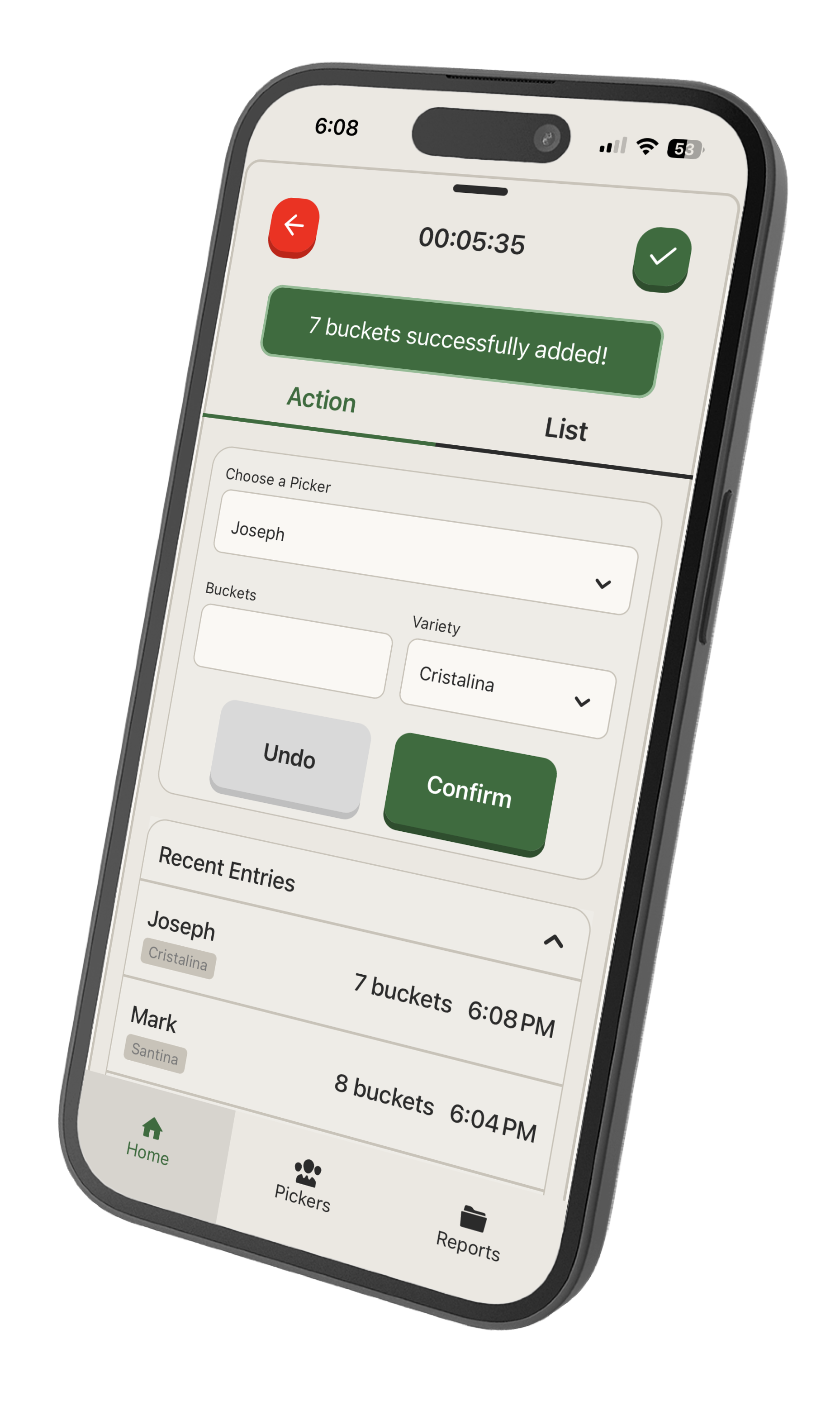 Agrovia app showing a live harvest session