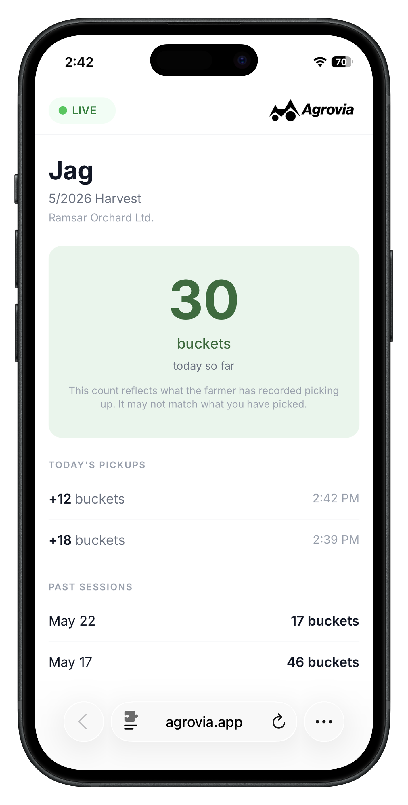 Picker portal showing live session stats on a phone