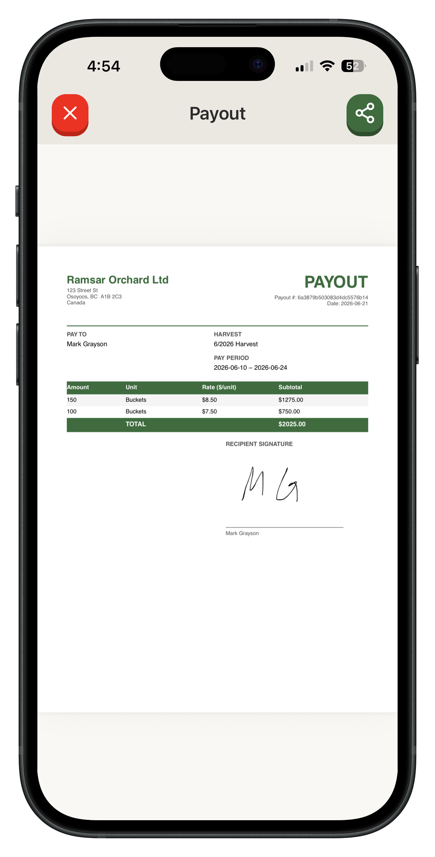 A generated Agrovia PDF payout with picker signature